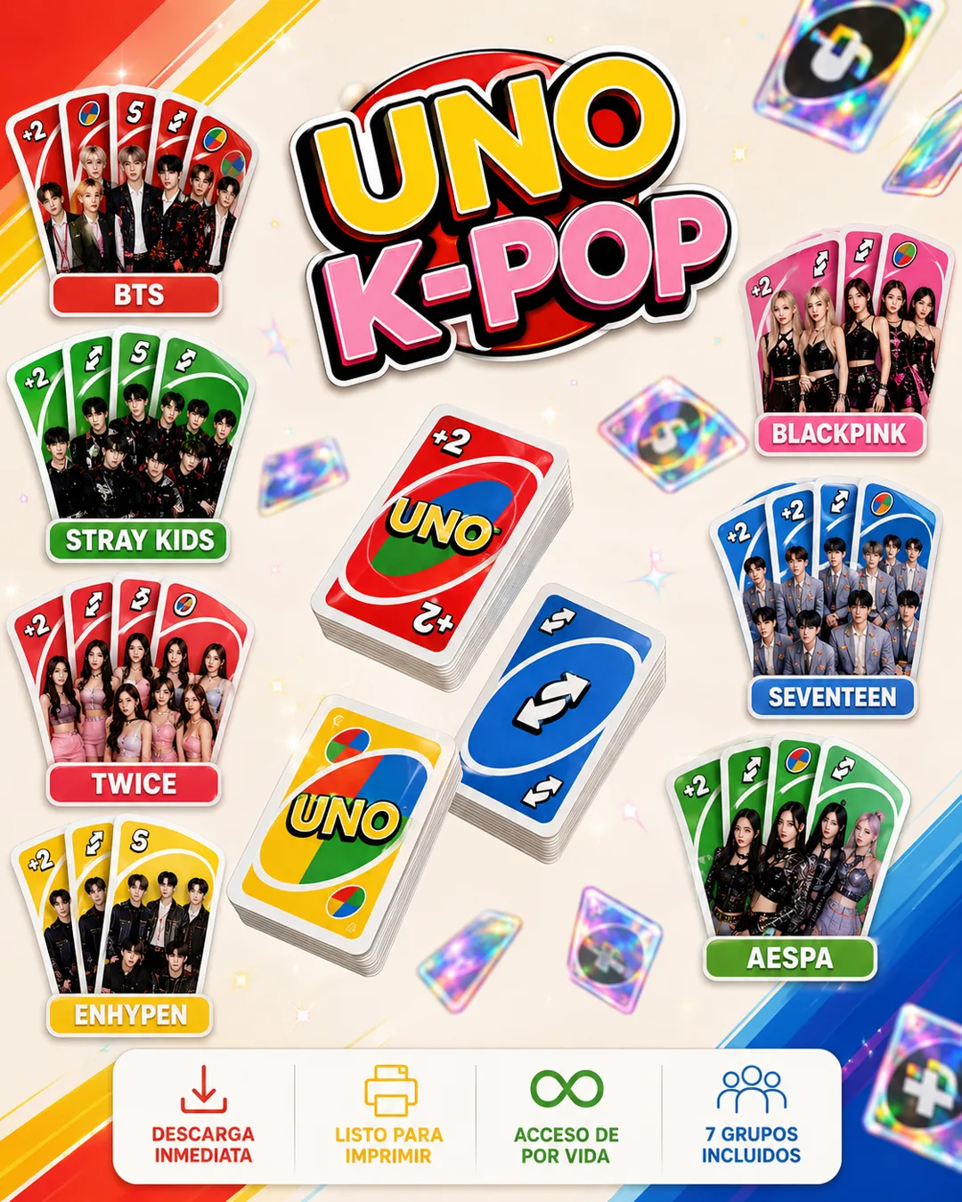 UNO K-Pop — 7 grupos: BTS, BLACKPINK, Stray Kids, Seventeen, TWICE, ENHYPEN y aespa