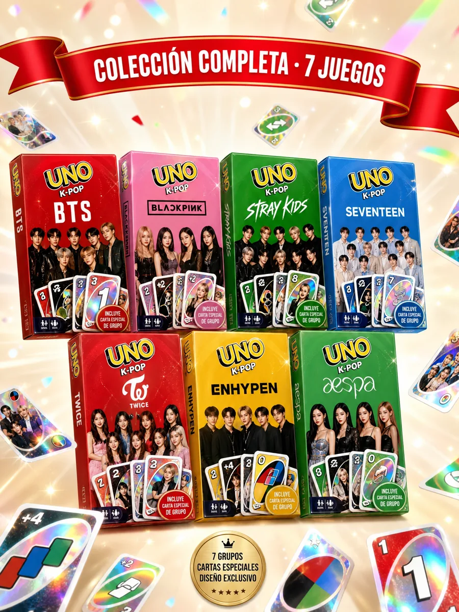 Colección completa UNO K-Pop — 7 juegos: BTS, BLACKPINK, Stray Kids, Seventeen, TWICE, ENHYPEN y aespa